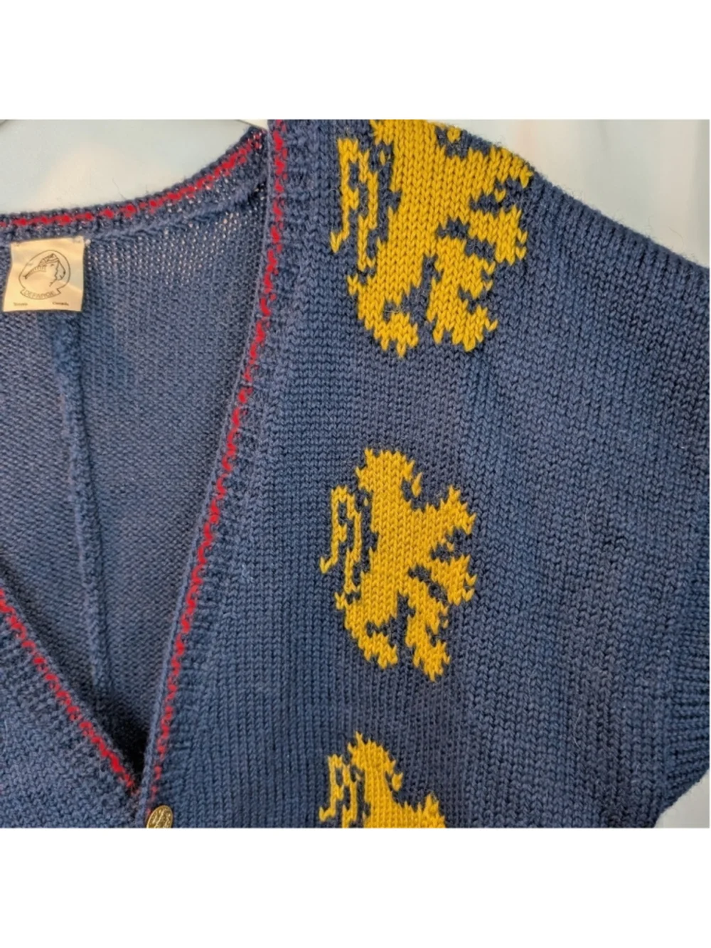 Handmade Wool Navy Cardigan with Yellow Lion Accents Size L In VGUC